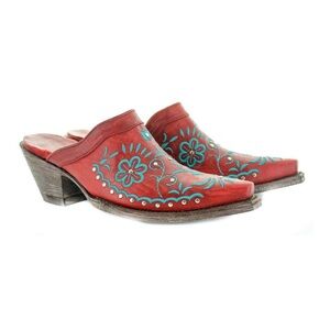 ‼️SOLD‼️ OLD GRING AMBER ML3105-1 RED TURQUOISE FLORAL EMBROIDERED LEATHER MULES
